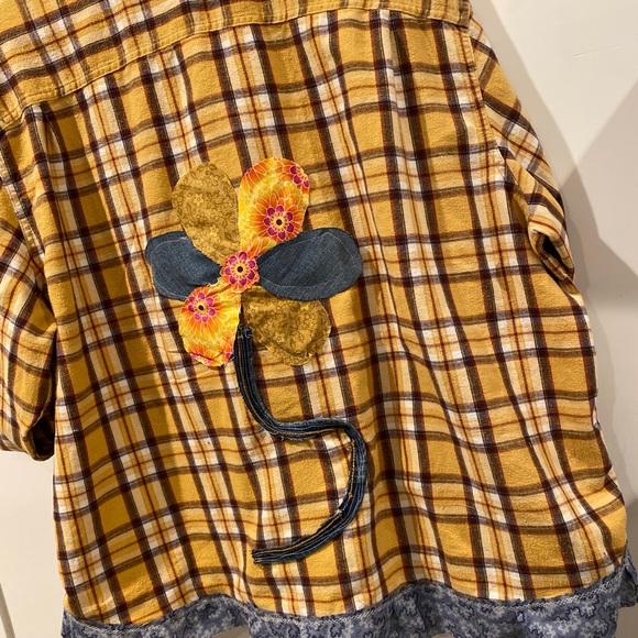 Shacket Flannel Patch Shirt XXL Flower Floral Pockets Hand made Boho Street - Picture 2 of 6